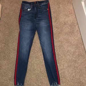 High Rise Dark Wash Skinny Jeans With Red Stripe